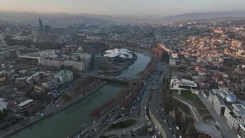 Aerial view of center of Tbilisi under Mtatsminda mountain, Georgia 2022