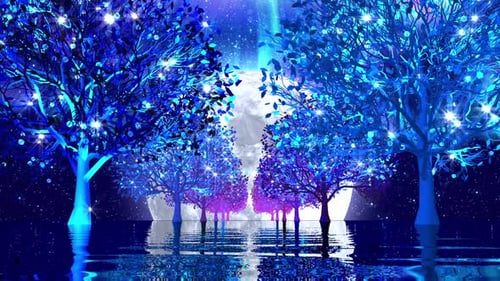 Fantasy Forest with Glowing Blue Trees and Shimmering Moon Reflection