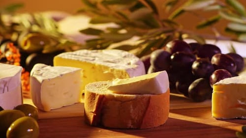 Placer le camembert à la main sur du pain avec une planche à charcuterie gastronomique sous une lumière chaude