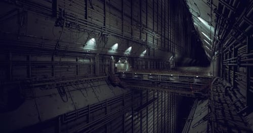 Atmospheric Service Corridor with Worn Paint and Surveillance Equipment