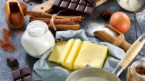Baking ingredients assembled for chocolate dessert