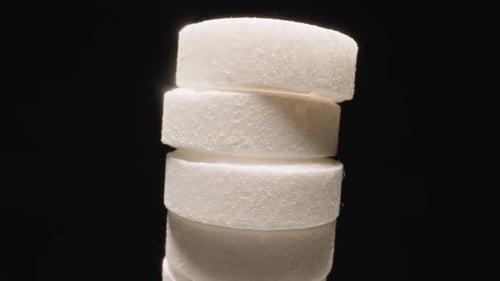 White Round Pills Put in Stack Rotating on Black Background