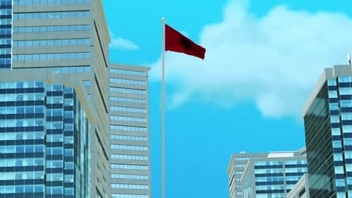 Animation de rendu 3D du drapeau de l'Albanie avec architecture urbaine et ciel bleu clair
