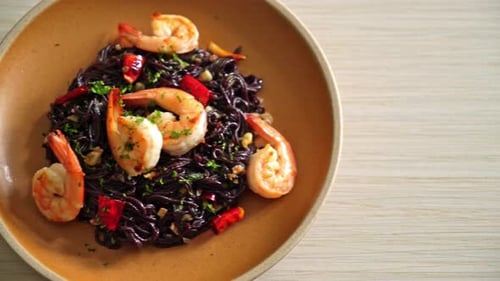 Delicious Black Pasta with Shrimp and Chili Peppers