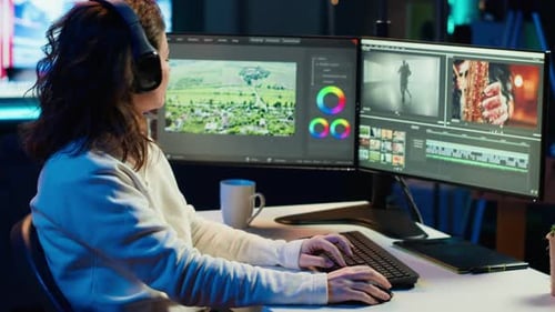 Video Editor Polishing Raw Footage While Listening Music