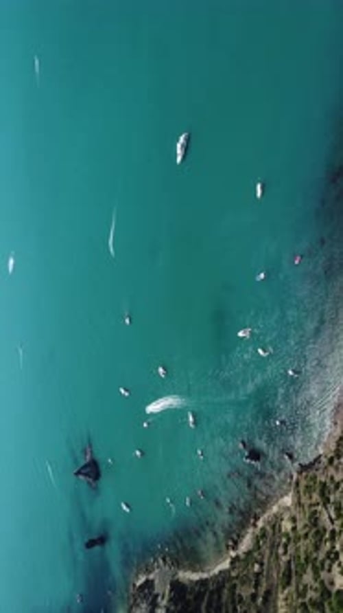 Aerial Yacht on Calm Sea Luxury Cruise Trip View From Above of White Boat on Deep Blue Water Aerial