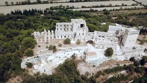 Aerial views of the fortified castle Montmajour Abbey in the Provence, France, Europe.