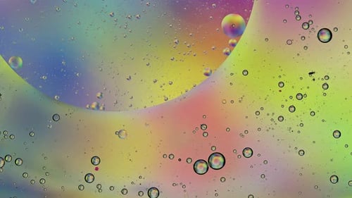Abstrakte bunte organische Lebensmittelöltropfen, Blasen auf der Wasseroberfläche 097