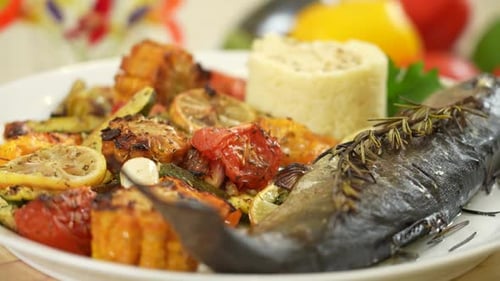 Grilled Fish with Roasted Vegetables and Rice