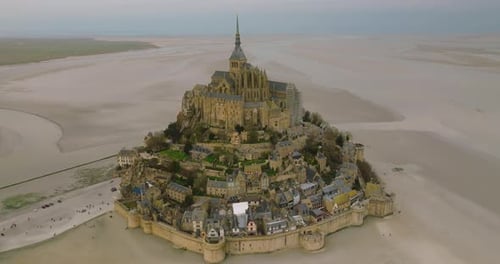 Aerial View Castle in the Water Mont Saint Michel Located in the Bay Where Normandy and Brittany