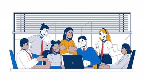 Animação de desenho animado de colegas de conferência de grande reunião