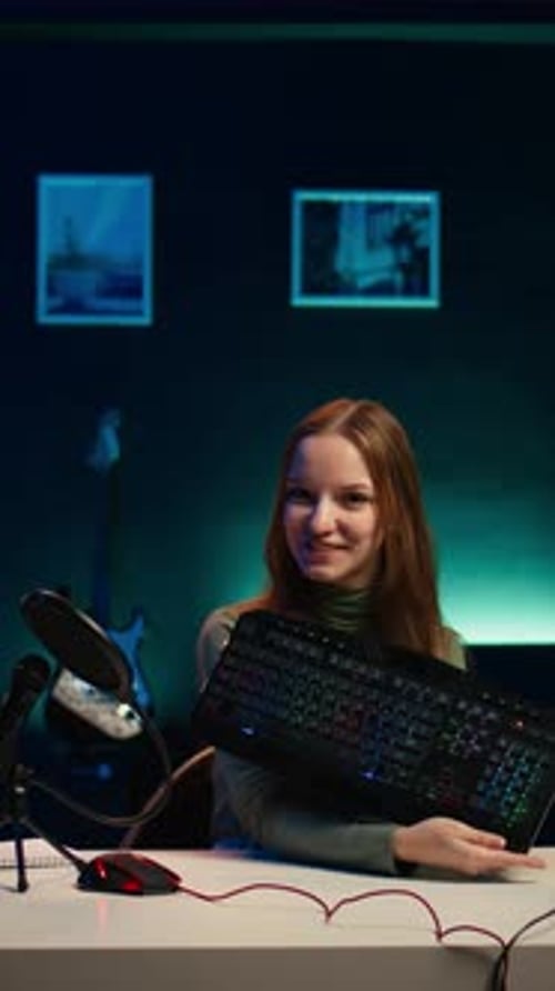 Woman Shows Gaming Keyboard and Mouse for Streaming