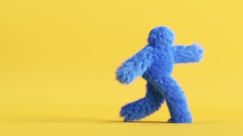 lue hairy 3d cartoon character dancing on yellow background