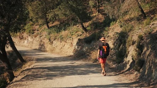 Man Walking in Park Hiker Adventurer Enjoys Hiking a Scenic Trail Near Majestic Mountains Tourist