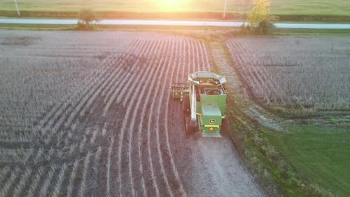 A farmer harvests a crop of soybeans in Northeast Wisconsin. Luxemburgh, WI, USA