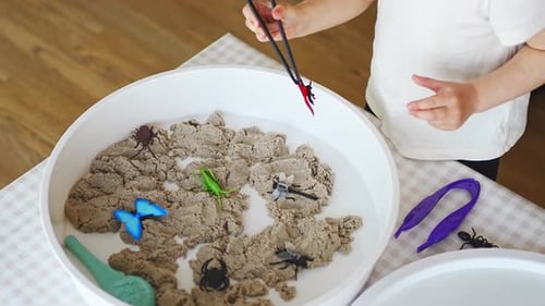 Little Girl Playing with Kinetic Sand and Toys Insect Sensory Development and Experiences Themed