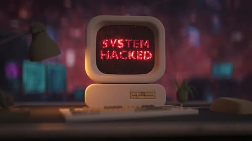 Old computer with system hacked error. Retro futurism cyberpunk scene. 3D render seamless loop