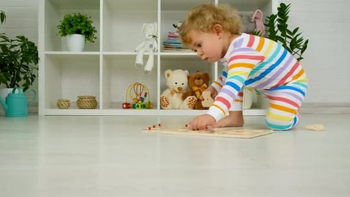 Blonde Toddler Playing with Wooden Puzzle at Home