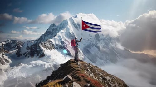 Mountaineer Holding Cuba Flag On The Top Of The Mountain