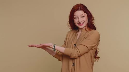 Woman Pointing Empty Place Advertising Area for Commercial Text Copy Space for Goods Promotion