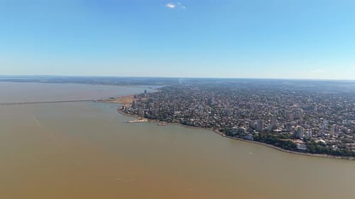 Aerial view of coastal city and Paraná river Posadas Misiones Argentina