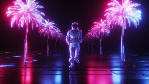 Futuristic Neon Landscape with Astronaut Running Past Palm Trees