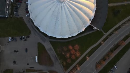 Aerial view of indoor snowcenter with unique dome, Lithuania.