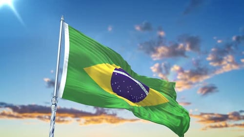 Realistic 3D Brazilian Flag Waving against Sunny Sky