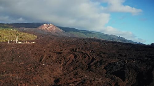 Aerial drone shot over the erupted volcano of Tajogaite in La Palma Island, Canary Islands, Spain. H