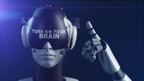 the robot makes a gesture indicating the information on the display "turn on the brains"