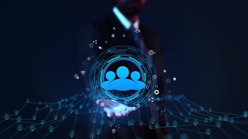 Pantalla virtual de hombre de negocios, holograma, holograma, red social, identificación de usuario de redes sociales, participación del usuario