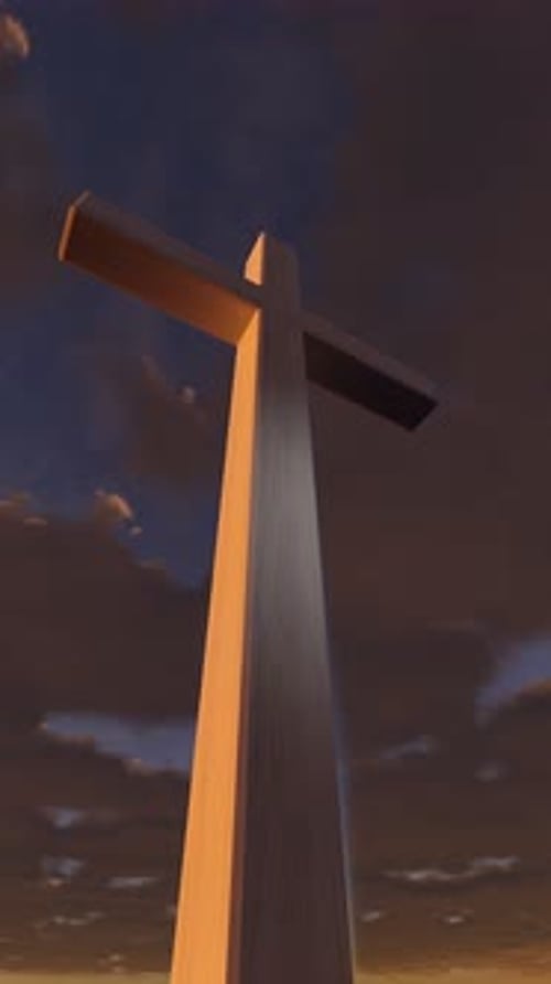 Spiritual 3D Cross Rotation Against Sunset Sky