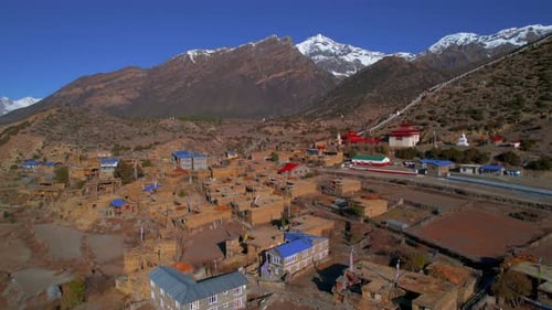 Aerial Close Up View Himalayas Settlement Ngawal Village House Rooftops in Himalayas Annapurna