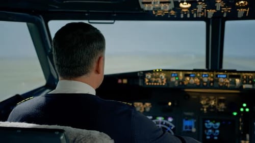 Start eines modernen Passagierflugzeugs am Flughafen Vorderansicht von der Windschutzscheibe des Cockpits