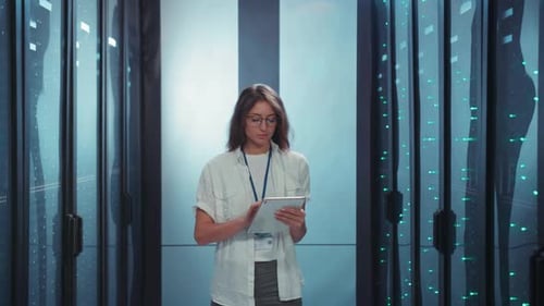A Skilled Female Technician is Efficiently Managing and Analyzing Data Within a Modern Data Center