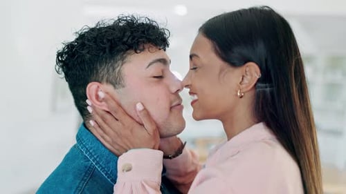 Affectionate Young Couple Embrace Indoors, Close Up