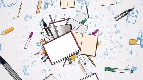 Fournitures de bureau créatives et Icônes pédagogiques tombant dans l'animation dynamique