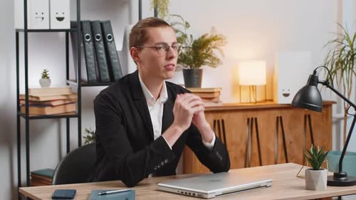 Sad Businessman Using Laptop Loses Becoming Surprised Sudden Lottery Results at Home Office Desk
