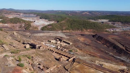 Aerial drone view of Mining activity. Apocalypse scenery. Earth destruction. Disruption of nature.