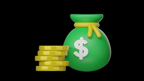 3D Animated Money Bag and Golden Coins Rotating