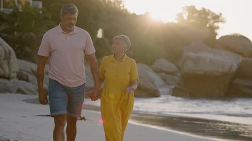 Retirement, couple and walking on beach, summer vacation and holiday to relax in sunshine