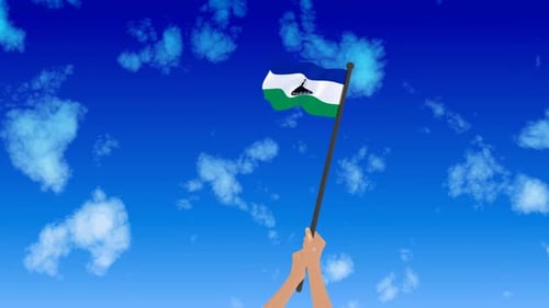 Lesotho National Flag Waving By Hand In The Sky Animation