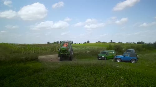 Spray Fertilize On Field With Chemicals In Agriculture Field