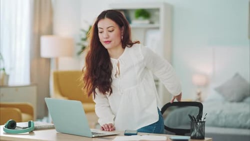 Woman, laptop and typing at desk in home for remote work, seo or digital marketing in home office