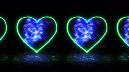 Neon Heart Shape And 3d Cloud Animation On Black Bg, Loop Animation Of Neon Heart With Cloud Rotate