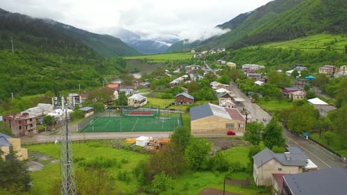 Mestia town in Zemo (Upper) Svaneti Georgia, Caucasus Mountains, aerial view