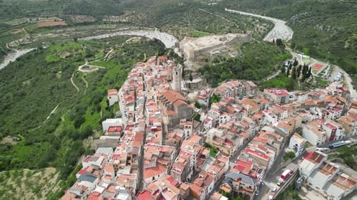 Aerial view of castle and town, Spain.
