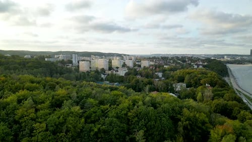 Vue du ciel sur les arbres verdoyants qui entourent le sentier Polanka Redlowska à Gdynia, en Pologne, sous le nuage
