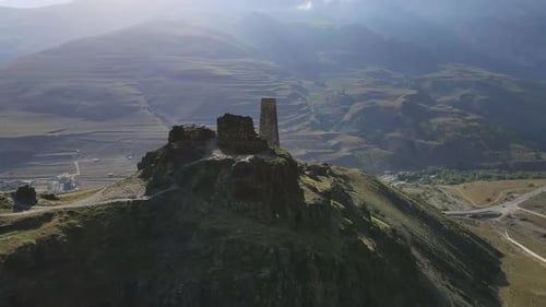 AERIAL Ancient Stone Towers Medieval Castle on a Mountainside