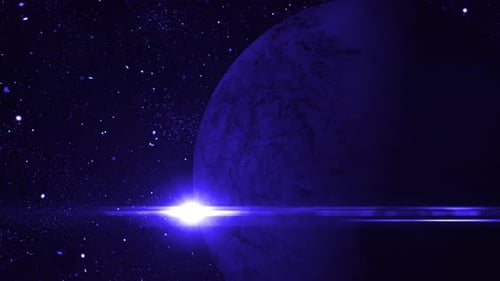 Rotierender Mond, Planet, Kugelgalaxie im Weltraum mit Sonnensystem, erstaunlicher Sonnenaufgang über dem Mond. 2558